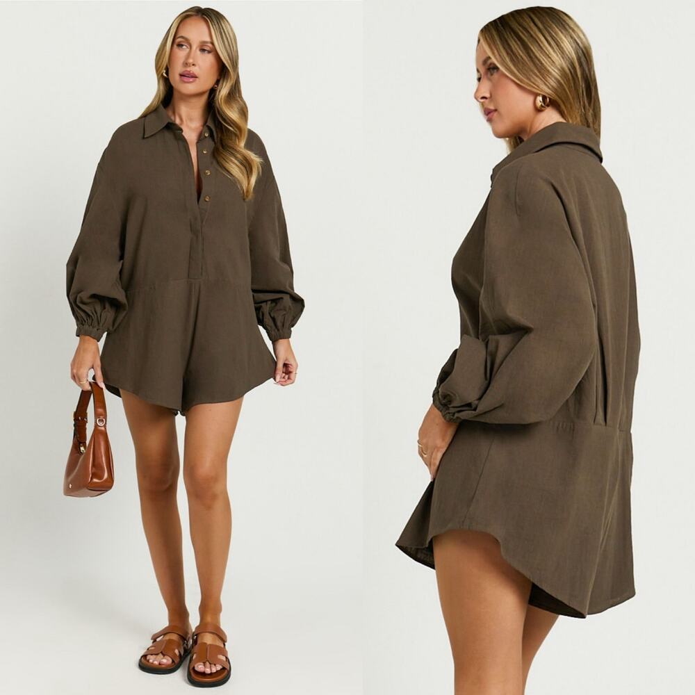 Showpo Women's Khaki Relaxed Button Front Shirt Anka Playsuit Dress Size 6